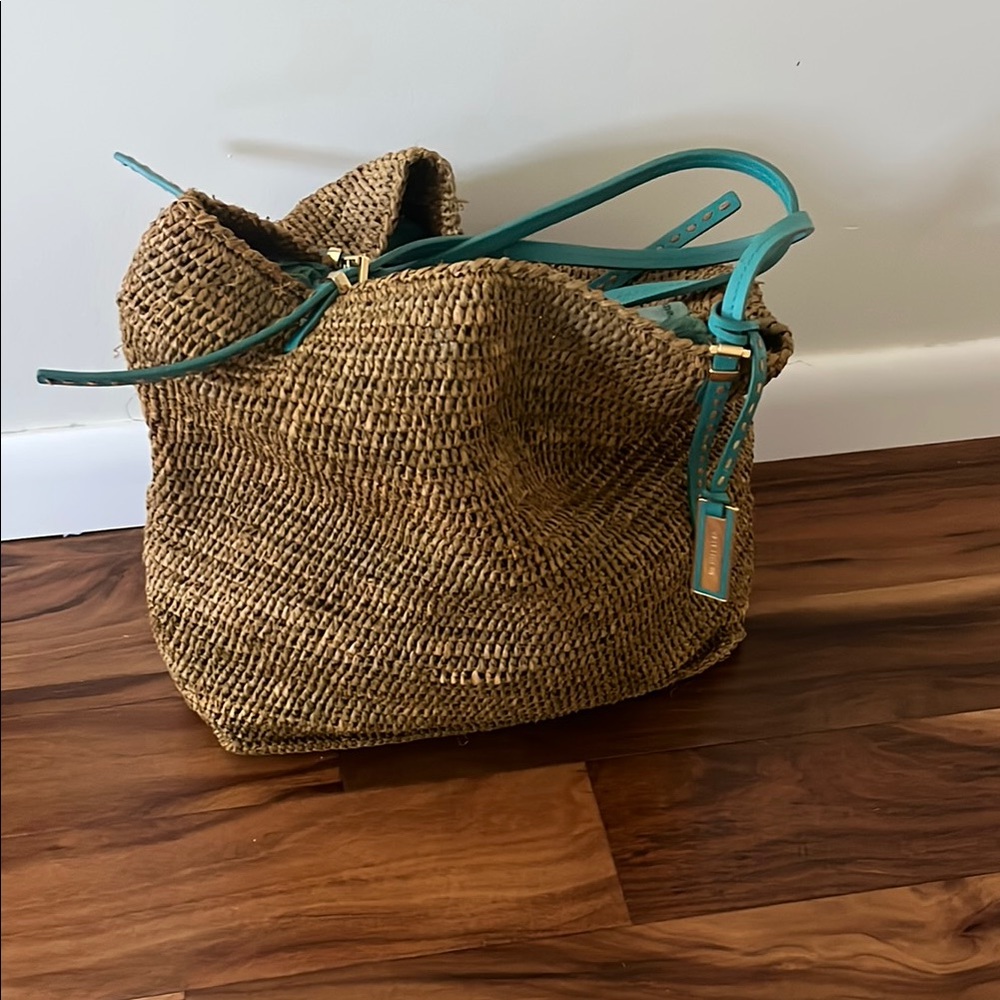 Woven Straw Bag with Teal Accents - Picture 2 of 4